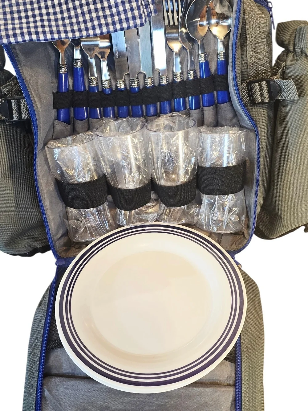 Picnic Backpack Set for 4 Gray Blue Plates Glasses Flatware Insulated Bag